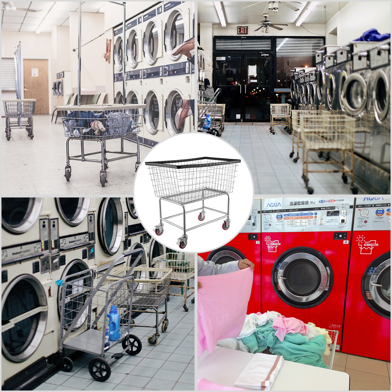 Wire Laundry Cart With Chrome Steel Frame And Rolling Wheels_voghion.com